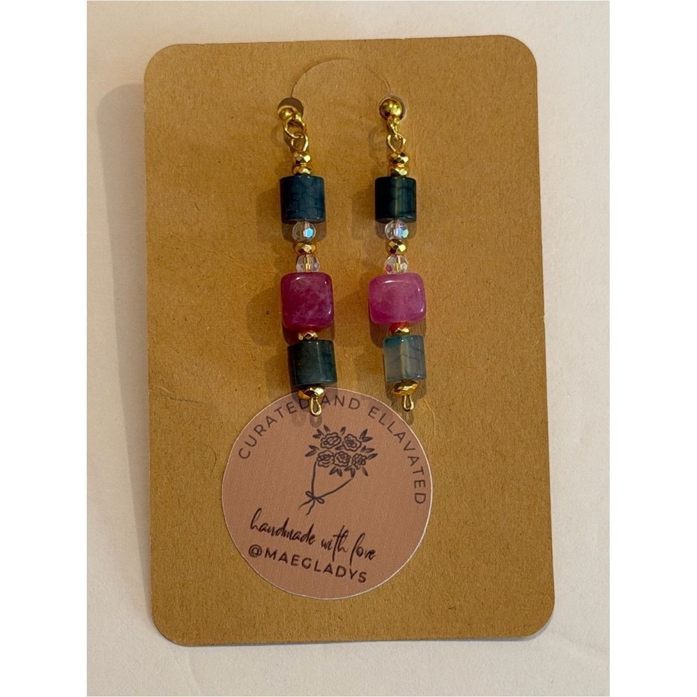 Handmade Jasper Strawberry Quartz‎ Front-to-Back Dangle Earrings Gold Tone